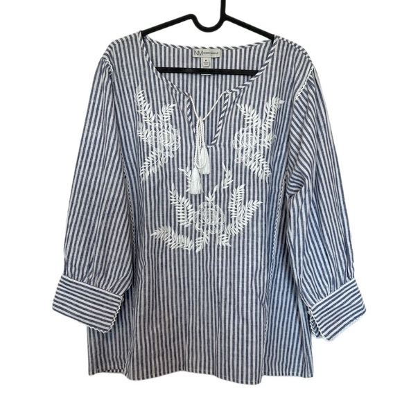 Neiman Marcus Linen Blend Striped Embroidered Tassel Tie Top Medium Resortwear - Picture 1 of 7